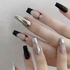 PRICES MAY VARY. 【Package Contains】You will get 24 pieces of long square press on nails with 12 different sizes, 1 nail glue for DIY your own nails. you can choose the most suitable false nail for yourself, it is easy to trim and file them to in any length and shape you like 【Health and Durable】Our black sliver press on nails are made of healthy ABS material, no irritating smell, higher gloss, not easy to break, and will not harm the human body or nails, and can be used with confidence 【Wide Occ Black And Silver Nails Ideas, Nails Long Square, Press On Nails Long, Black Acrylic Nails, Nail Forms, Nails Long, Fire Nails