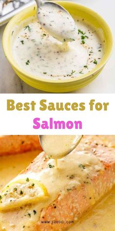 salmon being drizzled with sauce in a yellow bowl and on a plate