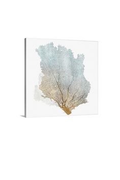 a white and blue tree with leaves on it's branches is featured in this image