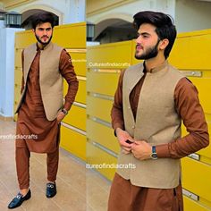 "Give yourself a best ethnic look by wearing this ALL BLACK Set of Kurta Pajama & Waistcoat. Made of rich cotton blend fabric this regular-fit set comprises a full-sleeved Indian kurta pajama with waist coat. This outfit with mojris and Black shoes will look apart on special occasions, Weddings, Parties, Engagement Ceremonies, Family functions. Etc Fabric- Cotton Blend. Style - Newly Color - Dark Brown/Light Brown (Dark Brown kurta pajama with Light Brown Color waist coat) (You can Personalise a Kurta Pajama Sadri, Festive Brown Traditional Wear For Ceremonies, Formal Kurta With Traditional Patterns For Eid, Traditional Drape Nehru Jacket For Winter, Festive Winter Nehru Jacket With Dabka Detailing, Winter Festive Nehru Jacket With Dabka, Festive Winter Nehru Jacket With Dabka, Traditional Winter Kurta With Pallu, Fitted Handloom Kurta For Traditional Ceremonies