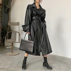 Women's Leather Long Oversized Trench - Wnkrs Oversized Leather Trench Coat, Stylish Black Women, Plus Size Trench Coat, Oversized Trench Coat, Clothing Streetwear, Coat For Women, Leather Trench, Power Dressing, Long Trench