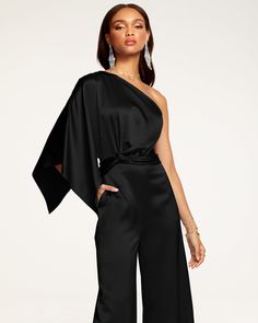 Simone One-Shoulder Jumpsuit Elegant Satin Jumpsuits And Rompers For Party, One Shoulder Jumpsuits And Rompers For Party, Evening Satin One Shoulder Top, Luxury Jumpsuits And Rompers For Gala, Glamorous One-shoulder Jumpsuits And Rompers For Party, Glamorous Satin Jumpsuits And Rompers For Evening, Chic Satin Jumpsuits And Rompers For Evening, Glamorous One Shoulder Jumpsuit For Night Out, Elegant Strapless Jumpsuit For Night Out