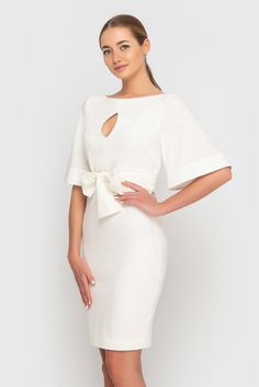 A pencil dress featuring midi length, angel sleeves and a fitted silhouette. - keyhole neckline - fitted sheath silhouette - half angel sleeves - midi length - matching fabric belt - concealed back zipper closure - lined (bodice and skirt) Color: milky white. fabric: 68% viscose, 30% polyester and 2% elastane. lining: 95% viscose, 5 % elastane Please choose from our measurements chart your dress size, or write us your body measurements, we then select the right size for you. Formal Feminine Midi Dress With Flutter Sleeves, Feminine Formal Midi Dress With Flutter Sleeves, Elegant Short Sleeve Midi Dress For Brunch, Elegant Flutter Sleeve Dress For Brunch, Elegant Flutter Sleeve Mini Dress For Brunch, Elegant Evening Mini Dress With Flutter Sleeves, Elegant Fitted Midi Dress With Flutter Sleeves, Elegant White Dress With Flutter Sleeves, Elegant White Flutter Sleeve Dress