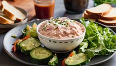 a plate topped with cucumbers, bread and dip