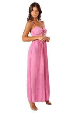 Pleated wide legs give the illusion of a flowy skirt in this romantic georgette jumpsuit fashioned with a flirty front cutout and slender straps. Hidden back-zip closure Sweetheart neck Adjustable straps Lined 100% polyester Hand wash, dry flat Imported Elegant Pleated Jumpsuits And Rompers For Summer, Spring Evening Jumpsuits And Rompers With Spaghetti Straps, Spring Evening Jumpsuit With Spaghetti Straps, Chic Sleeveless Pleated Jumpsuits And Rompers, Spring Maxi Dress With Cutout And Spaghetti Straps, Chic Pleated Jumpsuits And Rompers For Spring, Backless Maxi Dress With Knotted Straps For Party, Sleeveless Summer Jumpsuits And Rompers For Bridesmaids, Sleeveless Pleated Jumpsuits And Rompers For Spring