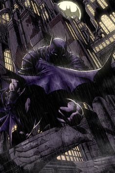 batman and bat in the rain with city lights