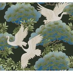 two white birds flying over green leaves and plants on a black background with blue sky in the background