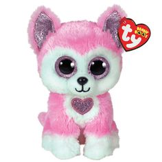 a pink and white stuffed animal with big eyes