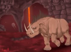 an animal with horns standing in front of a stone wall and red dirt flooring