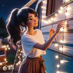 a woman standing next to a trailer with christmas lights on the side and her hair pulled back