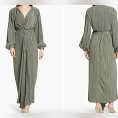 4si3nna Plisse Dress Green Long Sleeve Textured Maxi Dress With Deep V-Neck And Front Knot Detail Size L Never Worn V-neck Maxi Dress For Spring Date Night, Chic Flowy V-neck Dress For Brunch, Spring V-neck Maxi Dress For Date Night, Flowy V-neck Midi Dress For Night Out, Chic Pleated Maxi Dress For Brunch, Chic V-neck Maxi Dress For Date Night, Chic Pleated V-neck Dress For Spring, Green V-neck Dress For Spring Date Night, V-neck Pleated Maxi Dress For Brunch