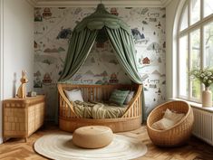 a bedroom with a canopy bed, wicker chair and round rugs on the floor