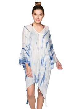 Pool to Party Kaftan One Size / Multi / 100% Viscose Oasis Tie Dye Bell Kaftan Coverup Subtle Luxury, Viscose Rayon, Bold Prints, Oasis, Bell Sleeves, Tassels, Made In Usa, Tie Dye, Cover Up