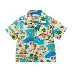 Say aloha to this tropical summer look to take on every getaway from the Aloha Print Collection. Beans the Bear leisurely unwinds in the exclusive summer print, lounging in a hammock, jamming on his ukelele, and catching waves on his surfboard. This Hawaiian shirt is crafted in a heavenly breathable, sweat-absorbent, w Beach Season Camp Shirt With Camp Collar, Summer Vacation Hawaiian Shirt With Camp Collar, Hawaiian Printed Camp Shirt For Beach Season, Summer Beach Camp Shirt With Camp Collar, Beachy Camp Shirt For Summer Vacation, Printed Camp Shirt For Beach Vacation, Summer Printed Camp Shirt, Printed Camp Shirt For Beach Season Vacation, Summer Camp Collar Shirt For Beach