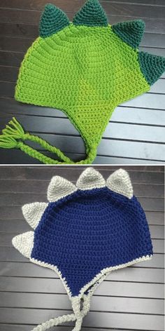 two crocheted hats, one green and one blue with white details on the brim