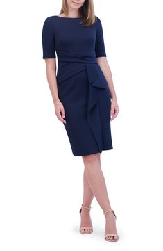 This sophisticated desk-to-dinner dress is designed with a tucked waistline and a luscious ruffle cascading down the skirt. 40 1/2" length ( size 8) Bateau neck Elbow-length sleeves 95% polyester, 5% spandex Hand wash, dry flat Imported Business Attire Women, Summer Wardrobe Essentials, Vince Camuto Dress, Scuba Dress, Bateau Neck, Dinner Dress, Made Clothing, Elbow Length Sleeve, Ruffle Skirt