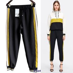 Zara Black Jogging Pants With Yellow Side Stripe M Elastic Band Waist / Adjustable So Waist Stretches From 28” To 29” Front Crotch 12” Hips 22” Thigh 12” Inseam 27” Length 37” Casual Yellow Sweatpants For Spring, Yellow Casual Spring Sweatpants, Yellow Sporty Sweatpants For Spring, Yellow Pants With Elastic Waistband For Fall, Sporty Yellow Sweatpants For Spring, Trendy Zara Yellow Pants, Trendy Yellow Zara Pants, Zara Black Sporty Bottoms, Zara Sporty Black Bottoms