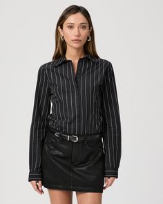 Made from supremely soft 100% cotton, this classic black and off-white striped long sleeve shirt is designed with a hook-and-eye closure and a flattering, fitted silhouette with a front notch. | Rosaly Shirt - Black/Buttercream | Size 14 Pinstripe Long Sleeve Office Tops, Fall Pinstripe Long Sleeve Tops, Long Sleeve Striped Blouse For Business Casual, Classic Striped Shirt For Fall, Striped Long Sleeve Blouse For Business Casual, Elegant Striped Fall Shirt, Elegant Striped Shirt For Fall, Black Long Sleeve Blouse With Striped Collar, Classic Pinstripe Tops For Workwear