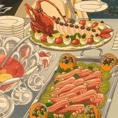 an image of a buffet with lobsters and other foods on the table ready to be served