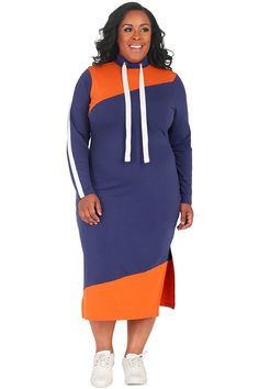 This sporty midi dress features a drawstring turtleneck and long sleeves. For a stylish look, the dress has a subtle side split. Made from soft, breathable french terry in juicy orange and navy. Jazz Dress, Turtleneck Midi Dress, Ribbed Tank Dress, Twist Front Dress, Midi Dress Plus Size, Poetic Justice, Nursing Dress, Colorblock Dress, Dress Plus Size