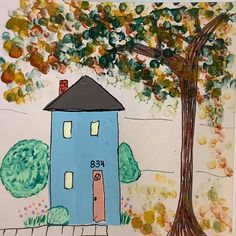 a drawing of a blue house next to a tree