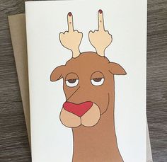 a card with an image of a reindeer's head and two fingers in the air