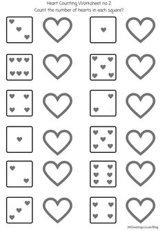 heart counting worksheet for valentine's day, with hearts in the squares