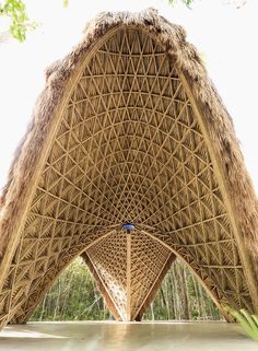 the inside of a building with thatched roof