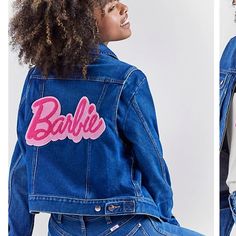 Two Icons. One Iconic Look. When A Style Icon Walks Into A Room, She Grabs Attention Without Missing A Beat. The Wrangler X Barbie Zip Front Denim Jacket Is The Perfect Example. Featuring An Unmissable Oversized Pink Chenille Logo Across The Back, This Look Merges Barbie Approved Embellishment And Heritage Denim Jacket Details And Versatility. It's A 100% Cotton Denim Jacket That Makes Just As Strong Of An Exit As It Does Entrance. Fit: Regular Sleeve Length: Long Front Closure: Zipper Collar: S Pink Denim Outerwear For Streetwear, Pink Denim Jacket For Streetwear, Trendy Pink Cotton Denim Jacket, Pink Denim Jacket With Pockets, Trendy Pink Denim Outerwear, Trendy Fitted Pink Denim Jacket, Pink Fitted Denim Outerwear, Fitted Pink Denim Outerwear, Jacket Details