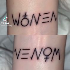 two tattoos with the words women and men written on each side of their arm,