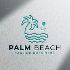 the palm beach logo is shown in blue and white with an ocean wave coming out of it