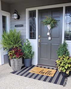 two potted plants sit on the front porch next to a welcome mat that says hello