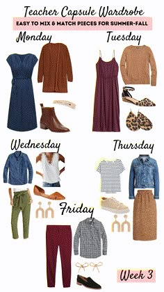 the teacher capsule wardrobe for monday, friday and friday with text overlaying it