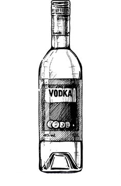 a bottle of vodka with the word vodka in black and white ink on a white background