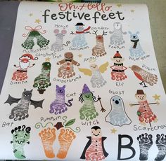 a poster with different hand and foot prints on it's front cover that says, happy festive feet