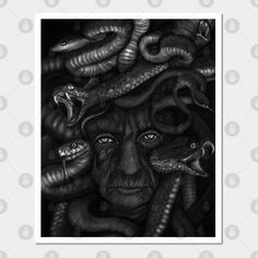 a black and white drawing of a woman with snakes on her head, in the middle of