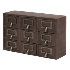 a wooden drawer with metal handles and knobs