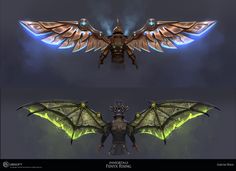 the concept art for an upcoming video game is shown in three different stages, including wings and