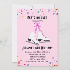 a pink birthday party card with ice skates on it