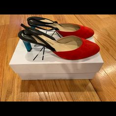 Beautiful Paul Andrew Celestine Suede And Patent Leather Slingback, Leather Sole, Made In Italy Heel 21/2” Us 8.5 Red And Turquoise Red Slingback Pumps With 4-inch Heel For Evening, Red Slingback Kitten Heels For Formal Events, Designer Slingback Pumps With Red Sole, Designer Slingback Heels With Red Sole, Red Block Heel Slingback Pumps For Formal Occasions, Red Leather Slingback Pumps With 4-inch Heel, Red Slingback Pumps With Sculpted Heel, Red Open Toe Slingback Pumps With Sculpted Heel, Red Sculpted Heel Slingback Pumps