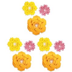 six yellow and pink flowers are arranged in the shape of a flower on a white background