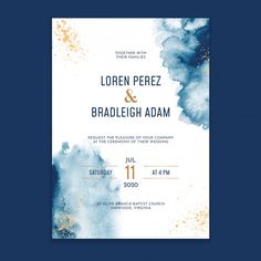 a wedding card with blue watercolor paint and gold splatters on the front