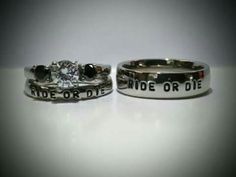 two wedding rings with the words ride or die on them