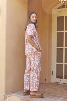 Bianca Tie Sleep Set - Pants - Lyocell Linen - Flower Folk - Dusty Cor – Piyama USD Relaxed Fit Floral Bottoms For Loungewear, Vacation Floral Print Sets With Relaxed Fit, Floral Print Sets With Relaxed Fit For Vacation, Vacation Sets With Floral Print And Relaxed Fit, Relaxed Fit Floral Print Sets For Vacation, Casual Wide Leg Sleepwear For Spring, Comfortable Summer Pants For Pajama Party, Casual Wide Leg Sets For Pajama Party, Relaxed Fit Sets For Spring