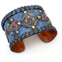 Anju Rivets and Filigree Shapes Blue Copper Patina Cuff - HER Home Design Boutique Mixed Metal Bracelets, Bohemian Jewellery, Wide Cuff Bracelets, Color Swirl, Copper Patina, Free Bracelet, Green Copper, Hippie Jewelry, Wide Cuff