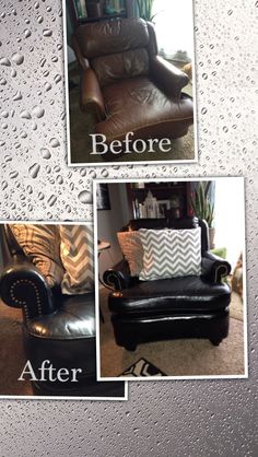 the before and after photos of a leather chair with water droplets on it's surface