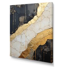 an abstract painting with gold and black paint on the canvas, it looks like it has been