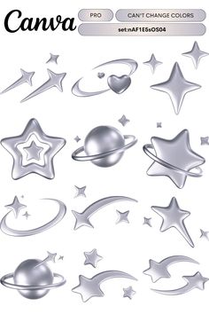 some silver stars and planets on a white background