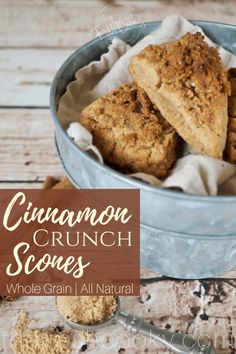 cinnamon crunch scones are in a blue bowl