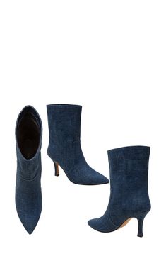 Denim composition adds undeniable casual-chic appeal to this sleek pointy-toe bootie. 3 1/2" heel 7 1/2" shaft Slip-resistant sole Textile upper and lining/rubber sole Imported Chic Denim Blue Boots For Fall, Chic Denim Blue High Heel Boots, Chic Fitted Denim Blue Boots, Fitted Denim Boots With Pointed Toe, Denim Blue Pointed Toe Boots, Fitted Denim Blue Boots For Fall, Fitted Denim Heels For Fall, Sleek, Dark Blue